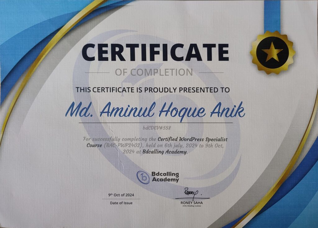 WordPress specialist course certificate for Anik