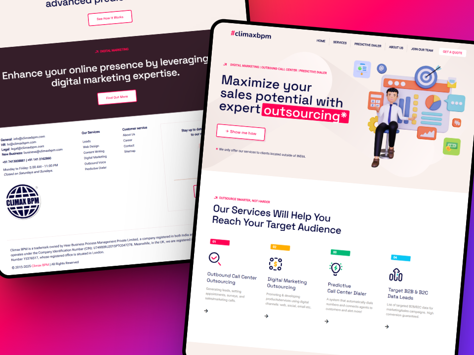 Climax BPM is an India‑based ITES and BPO firm offering outbound call center services, predictive dialer solutions, and digital marketing (SEO, social, PPC) to clients in the UK, Australia, USA, and Canada 